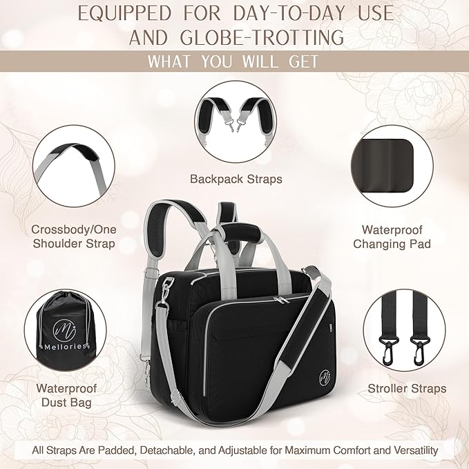 Mellories 4 in 1 Convertible Diaper Bag Tote For Baby Boys and Girls - Converts Into Diaper Backpack, Baby Tote, Stroller Bag and Crossbody Diaper Bag - Black Baby Travel Bag - Gift for Mom