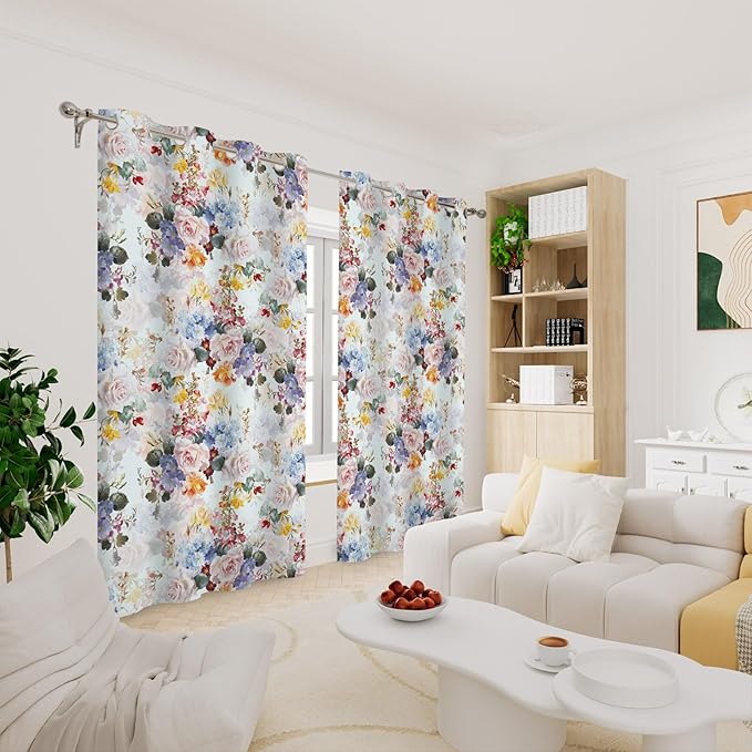 Renaiss Rustic Flower Window Curtains Watercolor Florals Painted for Living Room Decor Thermal Insulated Blackout Curtains for Bedroom Window Treatment & Drapes Grommet 53W x 108L Inch 2 Panel Set