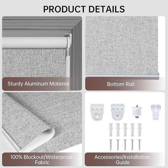 Allbright Linen Roller Shades with Wand Rod, Cordless Fabric Roller Blinds with Thermal Insulated, 100% Blackout Window Shades for Home, Office, Bedroom, Grey, 27" W x 72" H