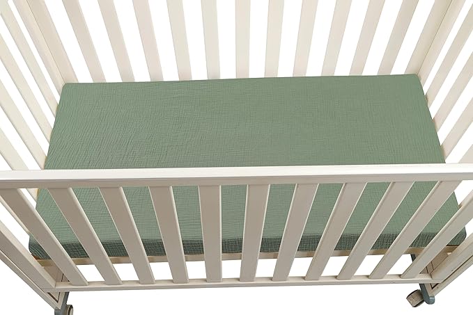 Onacosht Muslin Mini Crib Sheets, 39" x 27" Pack and Play Mattress Sheets Fitted for Pack N Play, Soft Cotton for Boys Girls, 2 Pack, Green and Leaf