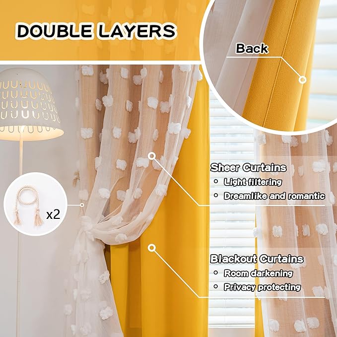 MYSKY HOME Nursery Curtains for Girl Room Yellow Curtains 72 Inches Long Pom Pom White Sheer Curtains for Kids Room Double Layer Toddler Bedroom Grommet Room Darkening Window Panels 52 x 72 Inch