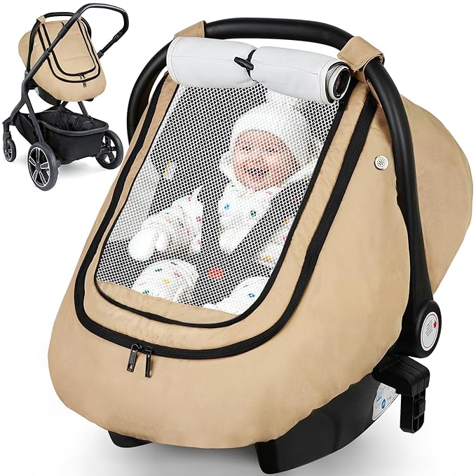 Rquite Car Seat Cover Baby, Winter Carseat Covers Boy Girl, Waterproof Infant Car Seat Cover Warm Car Seat Canopy for Cold Weather, Windproof Baby Carrier/Stroller Cover with 2 Layers Windows, Khak