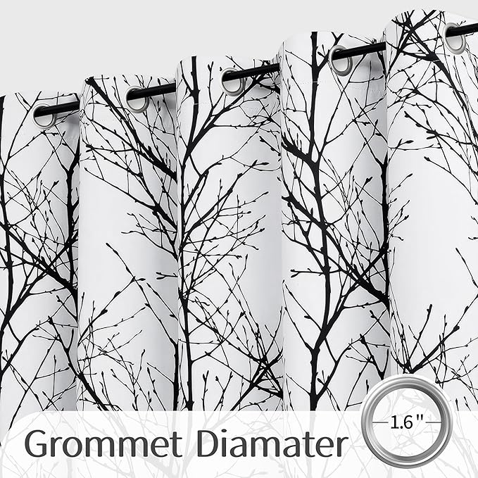 FMFUNCTEX 100% Blackout Patio Sliding Glass Door Curtains 96 Inch Long for Bedroom, Black on White Tree Branch Patterned Drapes for Living Room Divider, Extra Wide Thermal Insulated Panels, Grommet