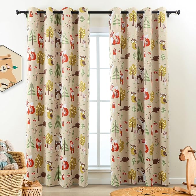 L.Z.E Cream Kids Curtains for Bedroom Nursery, 85% Room Darkening Blackout Thermal Insulated Drapes for Boys Girls Room, Beige Forest Animal Print Design Grommet Top 2 Panels Set, 52 x 84 Inch