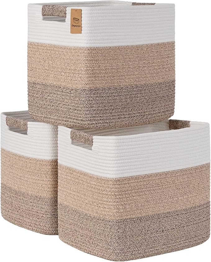 15×13 Inch Storage Cubes, 3 Pack Cube Storage Bins for Organizing, Cotton Rope Woven Baskets for Shelves, Bathroom, Kids Room, Closets, Baby Nursery