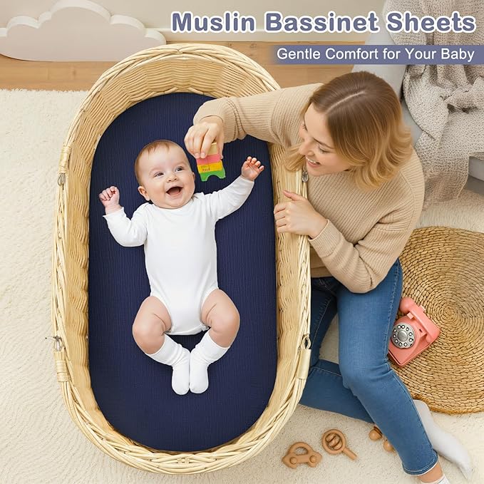 Basumee Muslin Bassinet Sheets for Baby Girl Boy 2 Pack Soft Breathable Baby Bedside Bassinet Fitted Sheets with Bottom Elastic Band 33''x17''x4'' Mattress Cover for Rectangle Oval Hourglass Bassinets