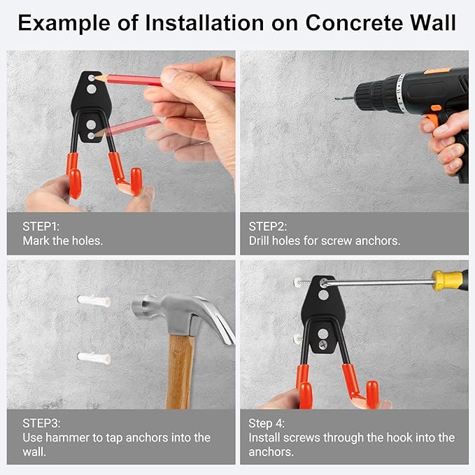 Garage Hook Heavy Duty Wall Storage Hangers, 24 Pack Garage Storage Hooks Steel Tool Orange for Ladders, Ropes, Garden Tools