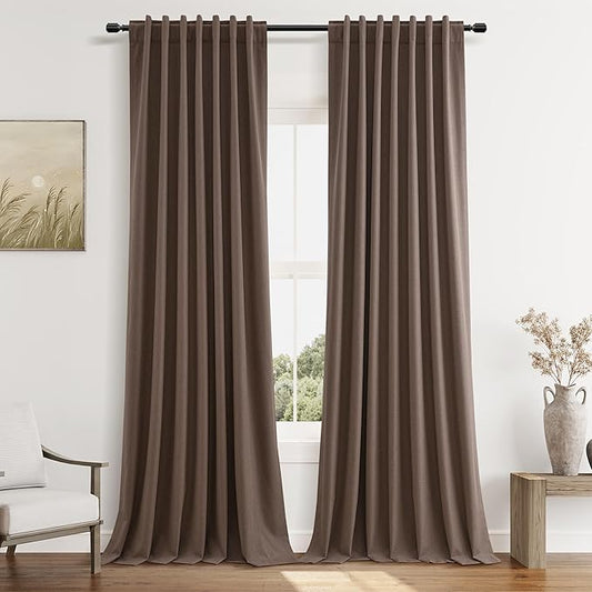 Guken 100% Blackout Curtains 96 Inch Length 2 Panels Set for Living Room Bedroom Back Tab Thermal Insulated Black Out Linen Drapes Room Darkening Mocha Mousse,52x96
