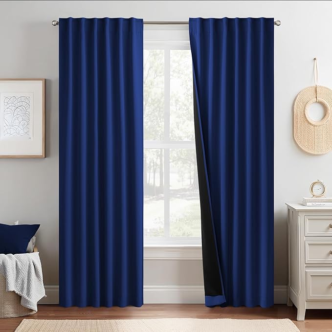 NICETOWN Navy Blue 100% Blackout Curtains for Bedroom, 52x84 Inches Set of 5 for Living Room, Rod Pocket Back Tab & Noise Reducing Drapes Black Lined Insulated Window Treatment Panels