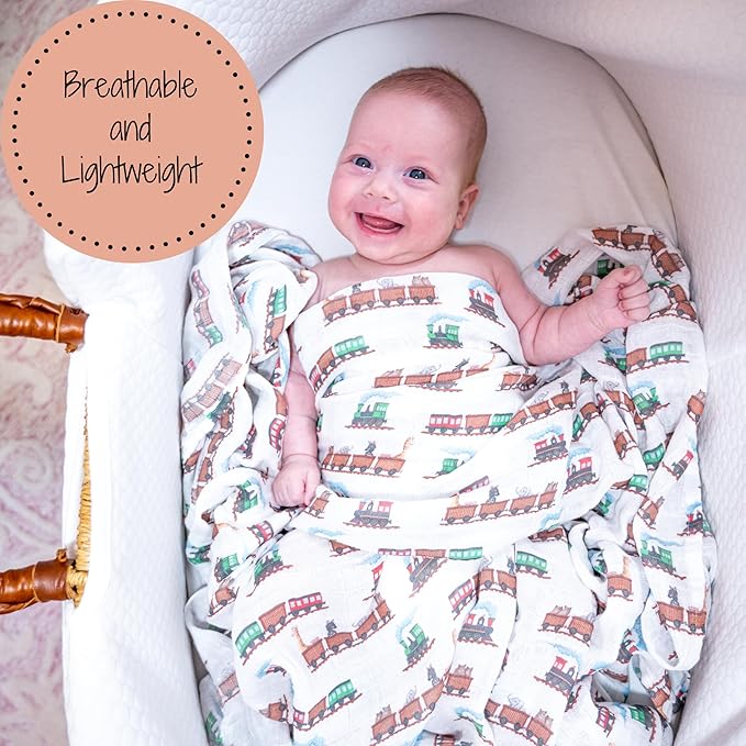 LollyBanks Muslin Swaddle Blankets, 100% Cotton Baby Blanket for Boys and Girls, Soft and Lightweight 47 x 47 Inches Infant Swaddle, Gentle Newborn Blankets, Baby Essentials (Animal Train Print)