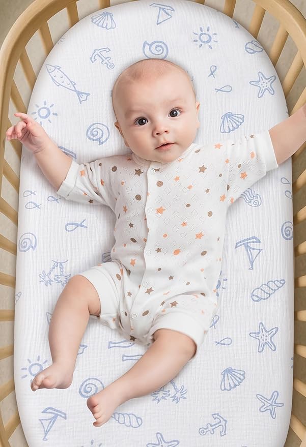 Organic Cotton Muslin Bassinet Sheets, 2 Pack – Soft, Breathable, Universal Fit for Oval, Rectangle & Hourglass Mattresses, Machine Washable, Neutral Colors for Baby Boys & Girls