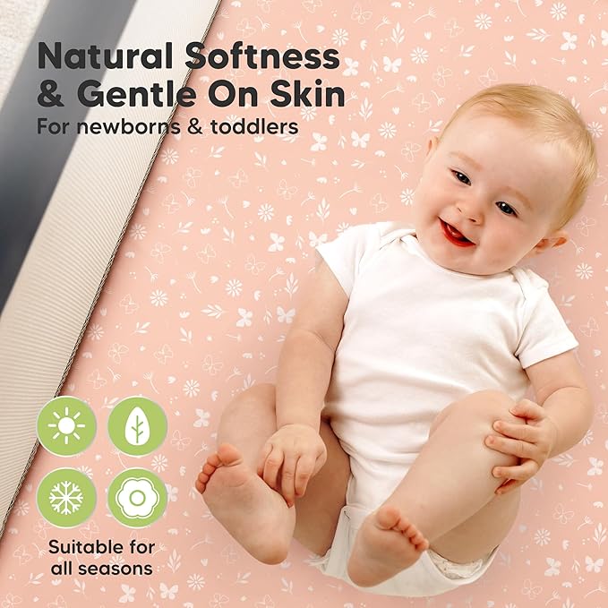 2 Pack and Play Sheets, Waterproof Mini Crib Sheets Fitted - 38x26 Organic Cotton Pack N Play Sheets for Graco Pack and Play Mattress,Playard Baby Crib Sheets,Neutral for Boy,Girl,Toddler(Butterflies)