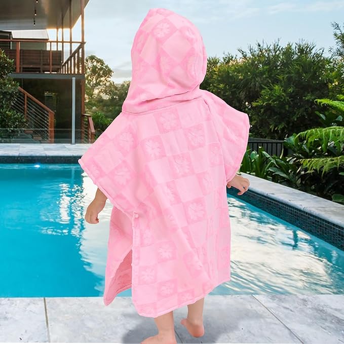 Toddler Bath Towels with Hood, Oversized (2-4Years,22"X22") Made from 100% Soft Cotton,Absorbent Hooded Poncho Towel for Baby Girl,Perfect for Pool | Swimming | Beach,Jacquard Checkered Pink Flower