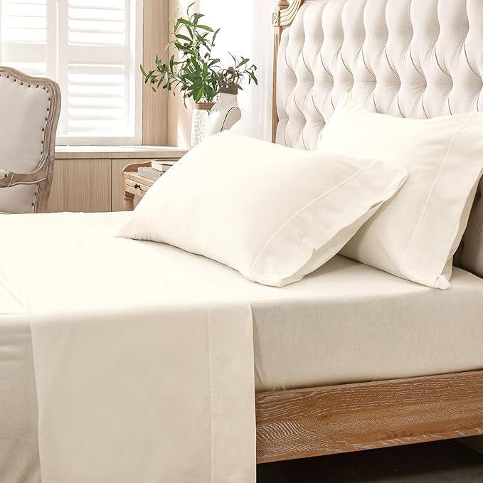 PURE ERA Jersey Knit 4pc Bed Sheet Set 100% T-Shirt Cotton Super Soft Comfy Breathable Fits Mattress Up to 20" Extra Deep Pocket (Solid Ivory, Full)