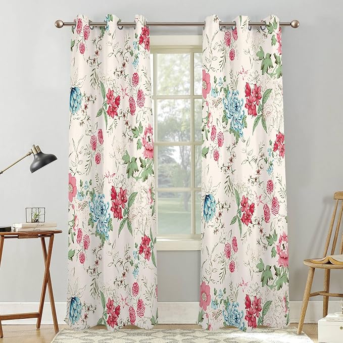 Renaiss Boho Flower Blackout Curtains Wild Blue Pink Floral Thermal Insulated Window Drapes for Bedroom 53W x 96L inches 2 Panel Set Beige Window Curtain Panels for Living Room