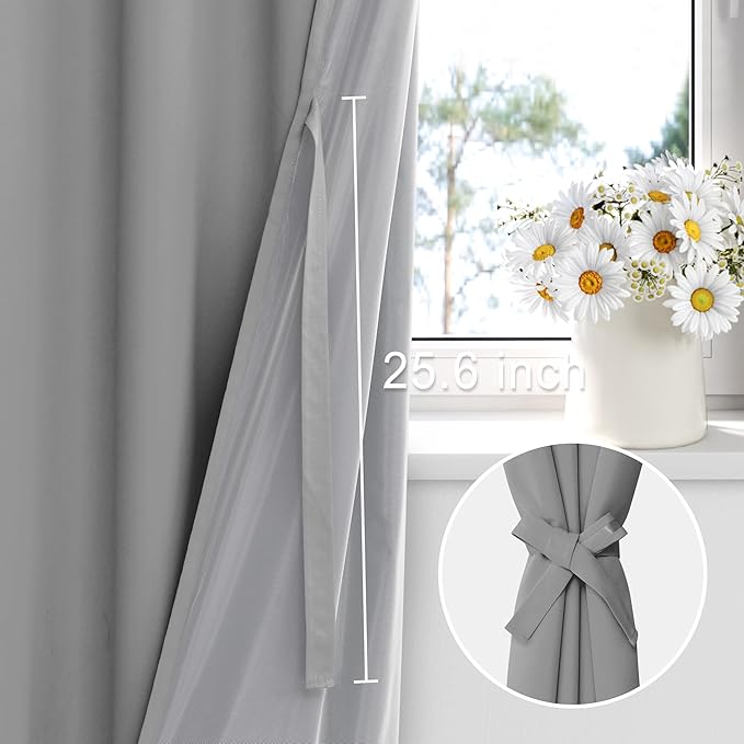 XWZO Full Shading Blackout Curtains with Tiebacks- Heat and Light Blocking Ring Top Window Drapes with Black Liner Backing for Bedroom/Kid's Room, Light Grey, W42 x L63, Set of 2 Panels