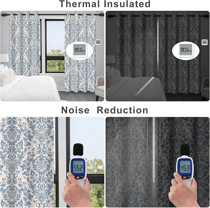 Bedroom Curtains 84 Inches Long, Blackout Curtains for Living Room Darkening, Vintage Damask Pattern Blue Curtain 2 Panels Set, Grommet Thermal Privacy Black Out Window Drapes for Bedroom Nursery