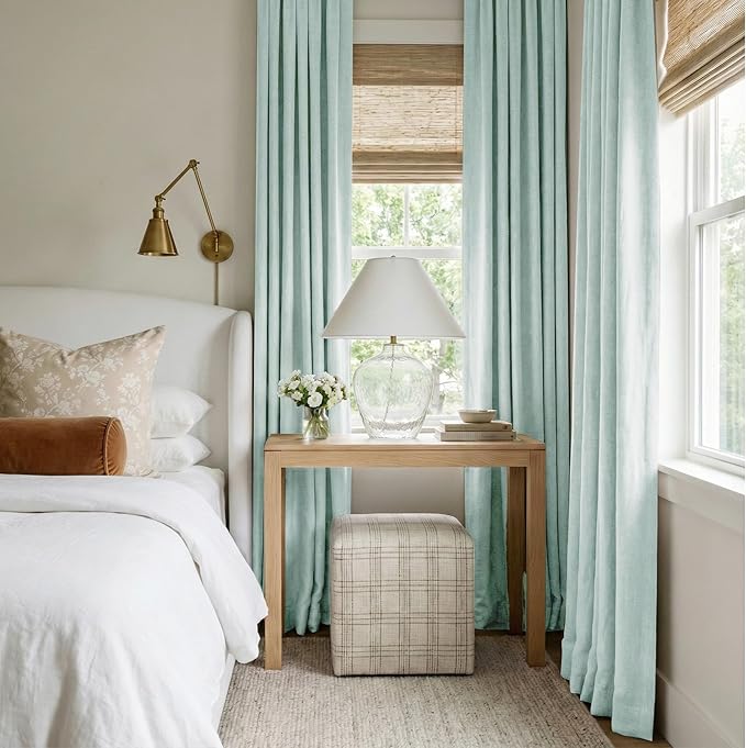 NICETOWN Seafoam Green Living Room Completely Shaded Linen Textured Draperies, 2 Pieces, W52 x L84, Privacy Protection & Noise Reducing Ring Top Drapes, White Lined Insulated Window Treatment Curtains