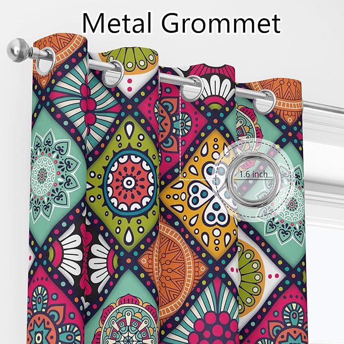 Boho Vintage Abstract Blackout Curtains, Mid Century Vintage Colorful Mandala Geometric Design Window Drapes, Living Room Bedroom Decor 2 Panels 52x84 Inch