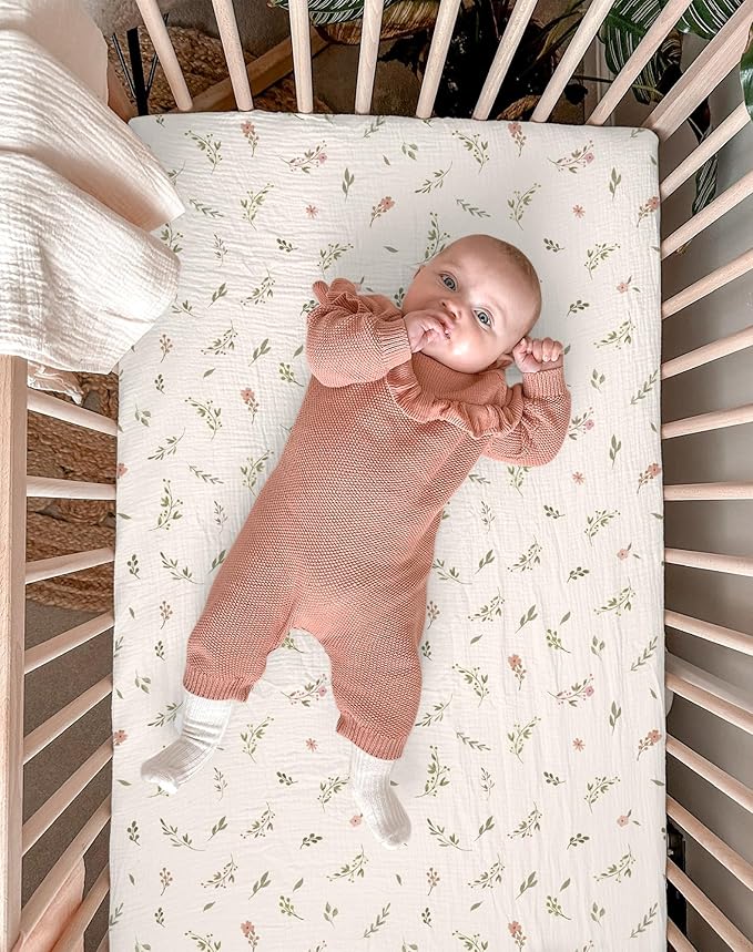 Pack and Play Sheets for Baby Boy and Girl 2 Pack, Neutral Muslin Cotton Pack N Play Mattresses Sheet 27"x39", Muslin Nursery Bedding Soft and Breathable Comfort (Petal Leaf & Pink)