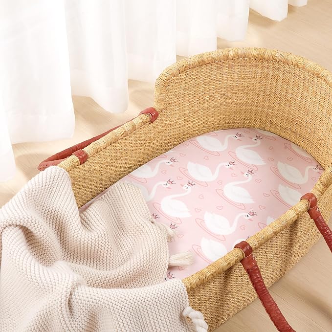 TILLYOU Baby Bassinet Sheets for Girls Boys 2 Pack Baby Sheets for Square Rectangle Oval Bassinet Mattress 33X16 Inch, Swan Dance and Pink