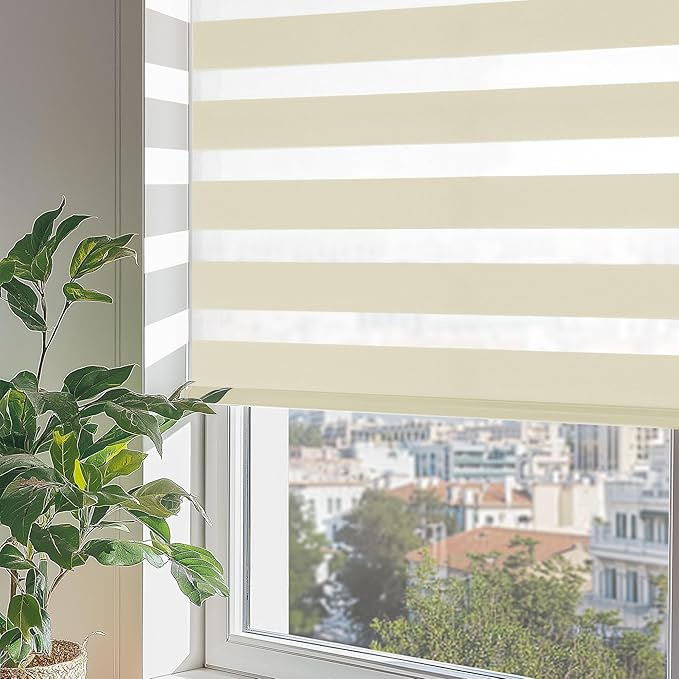 ChrisDowa Cordless Zebra Blinds for Windows, Dual Layer Free-Stop Light Filtering Window Roller Shades, Pull Down Privacy Zebra Shades for Home, Office, Bedroom, Door (36" W x 72" H, Beige)