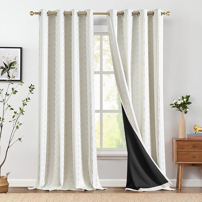 jinchan 95% Blackout Boho Curtains 96 Inches Long for Bedroom Living Room Golden Geometric Foil Printed Curtain Grommet Top Room Darkening Drapes Off White 52 x 96 2 Panels