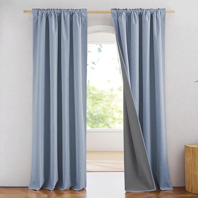 NICETOWN 100% Blackout Stone Blue Linen Curtains 90 inches Length with Thermal Insulated Liners for Bedroom, 2 Panels, 52" W, Room Cooling Noise Reducing Window Treatment Drapes for Living Room