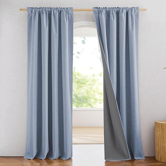 NICETOWN Linen Full Blackout Curtains 52 x 80 inch Panels, Full Bedroom Light Blocking, Thick Linen Blend Rod Pocket & Back Tab Draperies with Liners for Home Theater(Set of 2, Stone Blue)