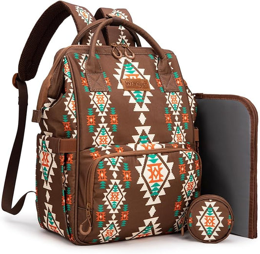 Montana West Wrangler Diaper Bag Backpack Aztec Travel Backpack Purses Western Multi-Function Baby Bags for Mom with Waterproof Insulated Pockets
