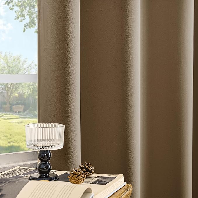 Beauoop 100% Blackout Curtains 63 Inch Long 2 Panels for Bedroom Living Room Brown Solid Room Darkening Thermal Insulated Soundproof Energy Saving Grommet Top Window Treatment Drapes,52x63, 2 Set