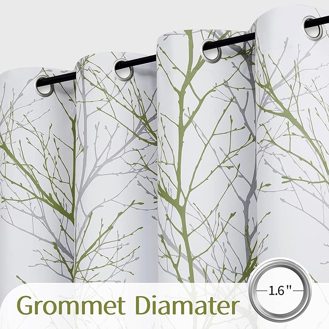 FMFUNCTEX 100% Blackout Curtains for Bedroom, Sage Green Branch Curtains 96 Inch Length Tree Print Curtain Panels for Living Room, Room Darkening Thermal Insulated Window Drapes 2 Panels Grommet Top