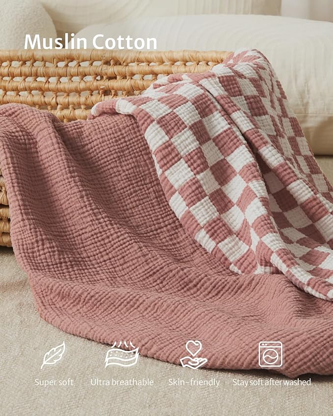 Blissful Diary Muslin Changing Pad Cover for Girls Boys, Ultra Soft Breathable Cotton, Baby Diaper Change Table Pad Covers, 2Pack (Checkered Pink & Dusty Pink)