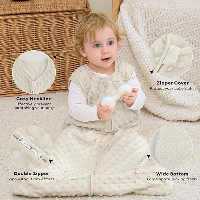 FIEMOL Fleece Baby Sleep Sack 12-18 Months, 1.5 TOG Cotton Baby Wearable Blanket With Soft Plush Dots, 2 Pack Toddler and Infant Warm Sleeping Sack with 2-Way Zipper Blue&Apricot