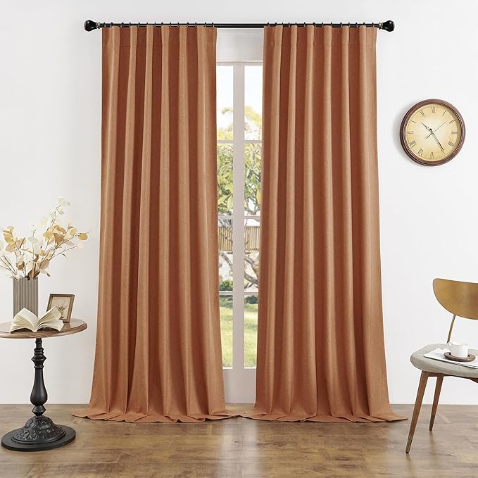 DUALIFE Blackout Linen Curtains 2 Panels Set 63 Inch Length for Bedroom-Rod Pocket Back Tab Hook Belt Drapes Boho Fall D閏or Mid Century Modern Curtains Burnt Orange W50 x L63