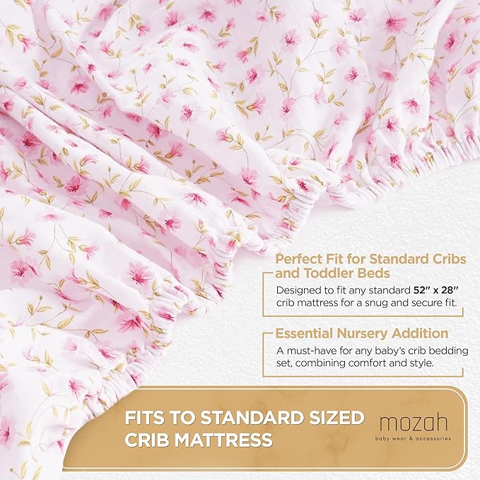 MOZAH Organic Muslin Crib Sheets, Soft and Breathable Bedding for Baby Girls or Boys, Snug Fitted Sheet for Standard Cribs & Toddler Mattresses, 2 Pack, Pink and Pink Leaves
