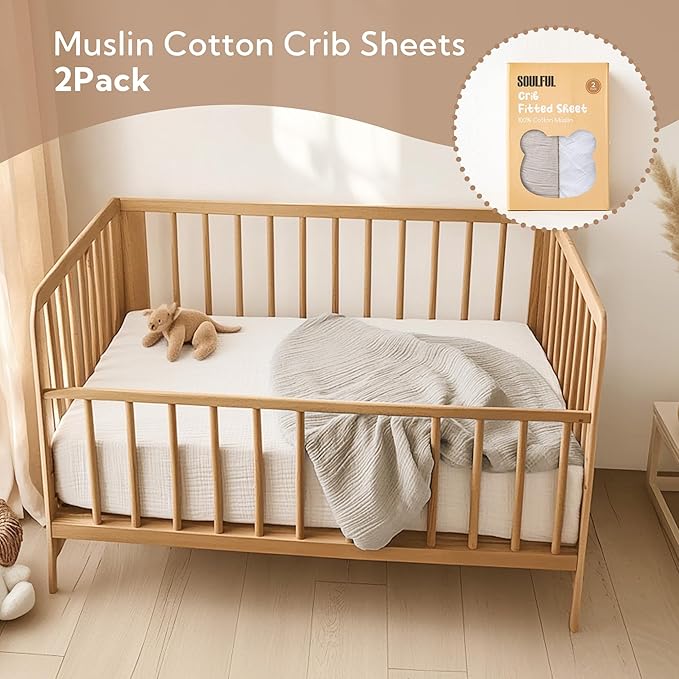 SOULFUL Muslin Crib Sheets for Boys Girls, 2 Pack Soft and Breathable Cotton Fitted Crib Sheets for Standard Crib Mattress (28"x 52", White & Light Tan)