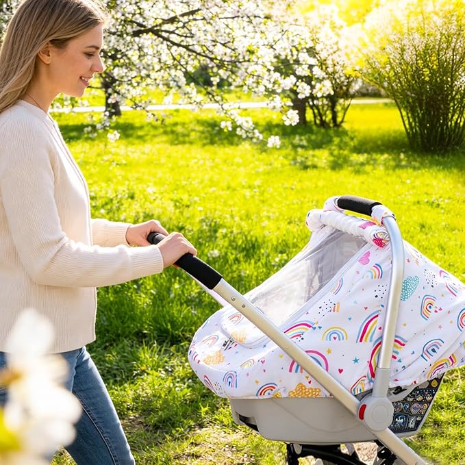 Car Seat Cover Baby Girls, Outdoor Infant Car Seat Canopy, Breathable Carseat Cover for Stroller, 2 Layers with Mesh Window & Privasy Sun Shade, Protective Baby Carrier Cover for Newborn Shower Gift