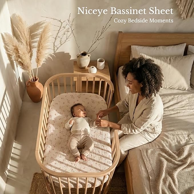 Niceye Muslin Baby Bassinet Sheets 3-Pack 100% Cotton (33" x 21") Bedside Sleeper Bassinet Fitted Sheets for Rectangle Mattresses, Unisex for Baby Girl/Boy（Pink）