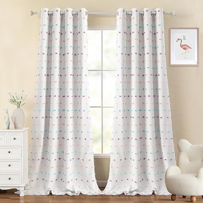 MYSKY HOME 100% Blackout Curtains for Living Room 102 Inch White Curtains Extra Long Total Light Block Girls Room Drapes Thermal Insulated Room Darkening Rainbow Pom Pom Sheer Grommet 2 Pieces 52 Wide