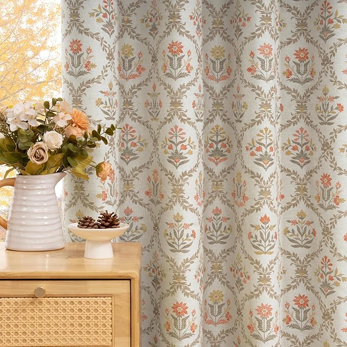 ColorBird 100% Blackout Spring Red Floral Block Print Thermal Curtains 84 Inches Curtains & Drapes Light Brown Patterned Farmhouse Vintage for Bedroom Living Dining Room