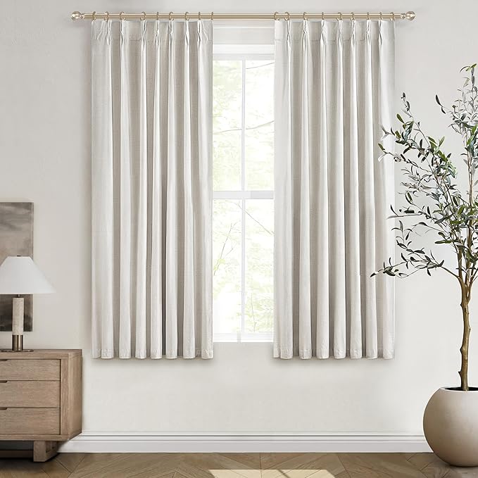 Short Linen Blackout Curtains for Bay Windows 48 Inch Length Bedroom/Living Room/Bathroom, Heat Blocking Cute 48 Inches Long 2 Panels Set, Birch Cream Ivory Drapes (40"x48"x2 Back Tab/Pinch Pleated)