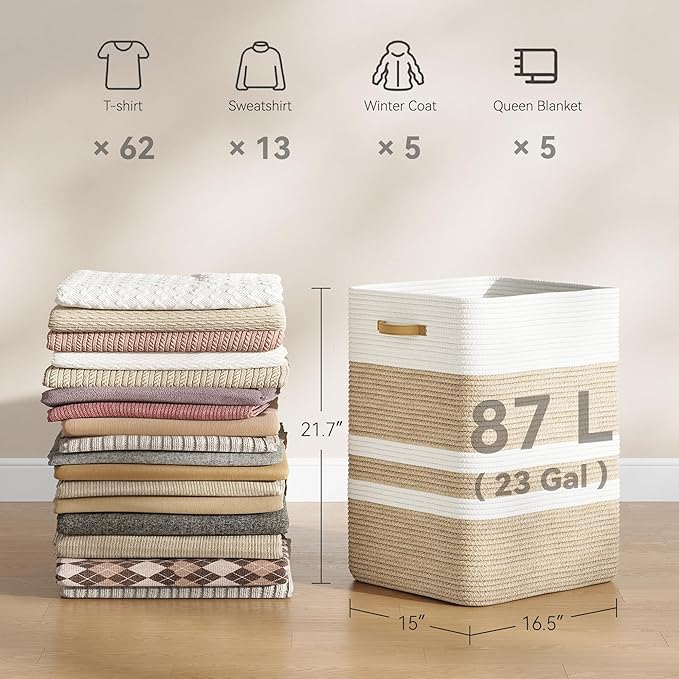 87L Laundry Hamper,Laundry Basket with Leather Handles,Woven Storage Basket for Toys,Pillows,Blankets,Clothes,Brown&White
