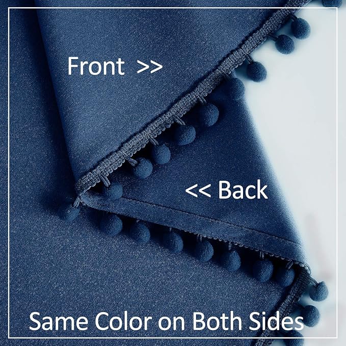 Pom Pom Curtains 90" Navy Royal Blue Blackout Curtains Bedroom Windows Drapes Triple Weave Thermal Insulated Curtain Panels for Men Boys Nursery Room Studio Hotel 52"w x2 Panels Rod Pocket