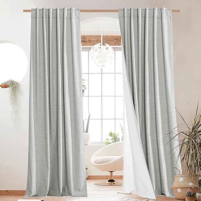 NICETOWN Grey Long Linen Full Shade Panels, Pair of Thermal Insulated & Energy Efficiency Blackout Curtains for Living Room Windows, Lined Silky Performance Window Dressing (52" Wide x 95" Long)