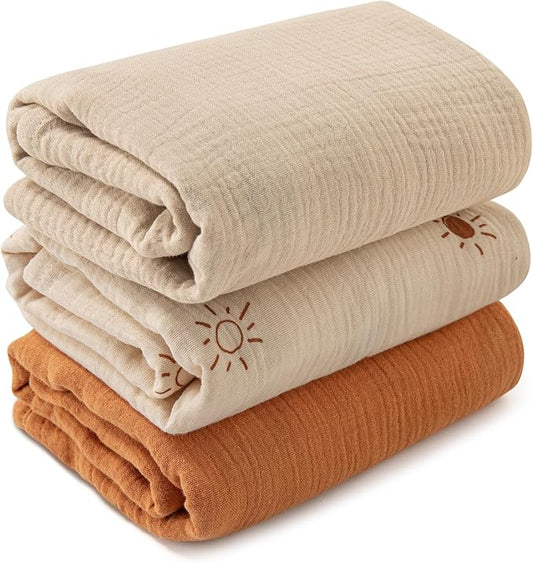 Muslin Swaddle Blankets for Newborn, 3 Pack Breathable Soft Receiving Blanket, Large 38 x 40 inches Swaddle Wrap Burping Clothes, Essentials Infant Shower Items, Toddler Gift (Elegant Colors)