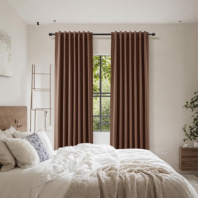 Guken 100% Blackout Curtains 108 Inch Length 2 Panels Set for Living Room Bedroom Back Tab Thermal Insulated Black Out Linen Drapes Room Darkening Window Curtains Rustic Brown 52x108