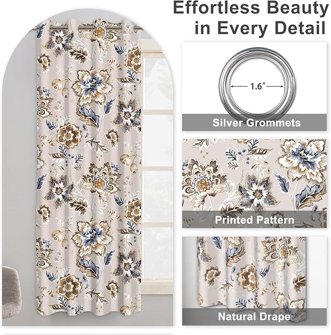 Floral Blackout Curtains for Bedroom and Living Room, Farmhouse Room Darkening Soundproof Thermal Insulated Blackout Curtains for Winter, Grommet Black Out Window Curtains 63 Inch Long 2 Panels Set