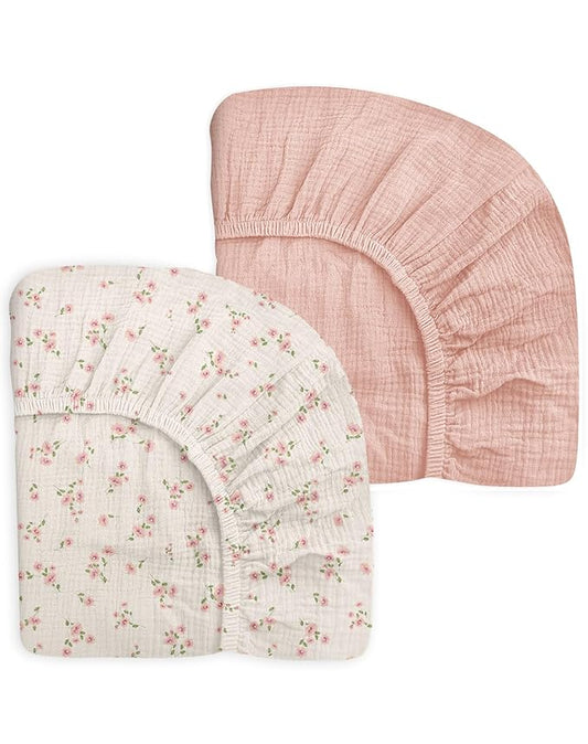 Pack and Play Sheets for Baby Boy and Girl 2 Pack, Neutral Muslin Cotton Pack N Play Mattresses Sheet 27"x39", Muslin Nursery Bedding Soft and Breathable Comfort (Rosy)