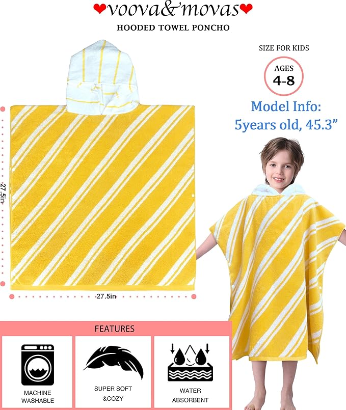 VOOVA & MOVAS Kids Hooded Poncho Towels (4-8Years,27.5"x27.5"),100% Cotton Soft Absorbent Towel for Boys,Perfect for Bathroom | Pool | Beach | Swimming, Jacquard Yellow Stripe